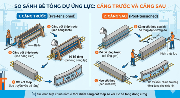 Bê tông dự ứng lực căng trước và căng sau khác nhau thế nào? Vì sao căng sau phổ biến tại Việt Nam (2026)